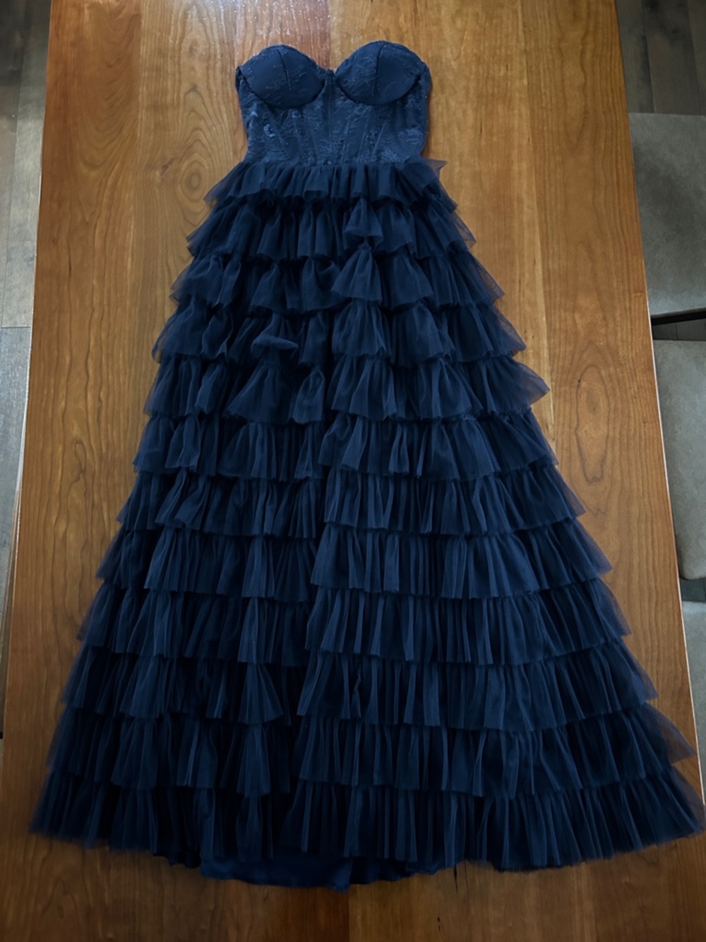 Windsor Navy Strapless Tiered Ruffle Prom Gown - Picture 3 of 4